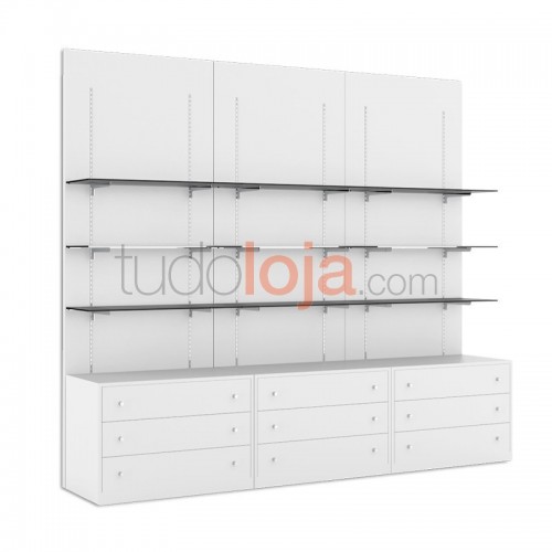 Painel com Prateleiras de Vidro e Armário 2400x2700 para fixar na Parede de Lojas